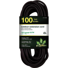 GoGreen Power - Power Cords; Cord Type: Extension Cord ; Overall Length (Feet): 100 ; Cord Color: Black ; Amperage: 10 ; Voltage: 125 ; Wire Gauge/Number of Conductors: 16/3 - Exact Tool & Supply