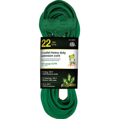 GoGreen Power - Power Cords; Cord Type: Extension Cord ; Overall Length (Feet): 22' 2" ; Cord Color: Green ; Amperage: 13 ; Voltage: 125 ; Wire Gauge/Number of Conductors: 16/3 - Exact Tool & Supply