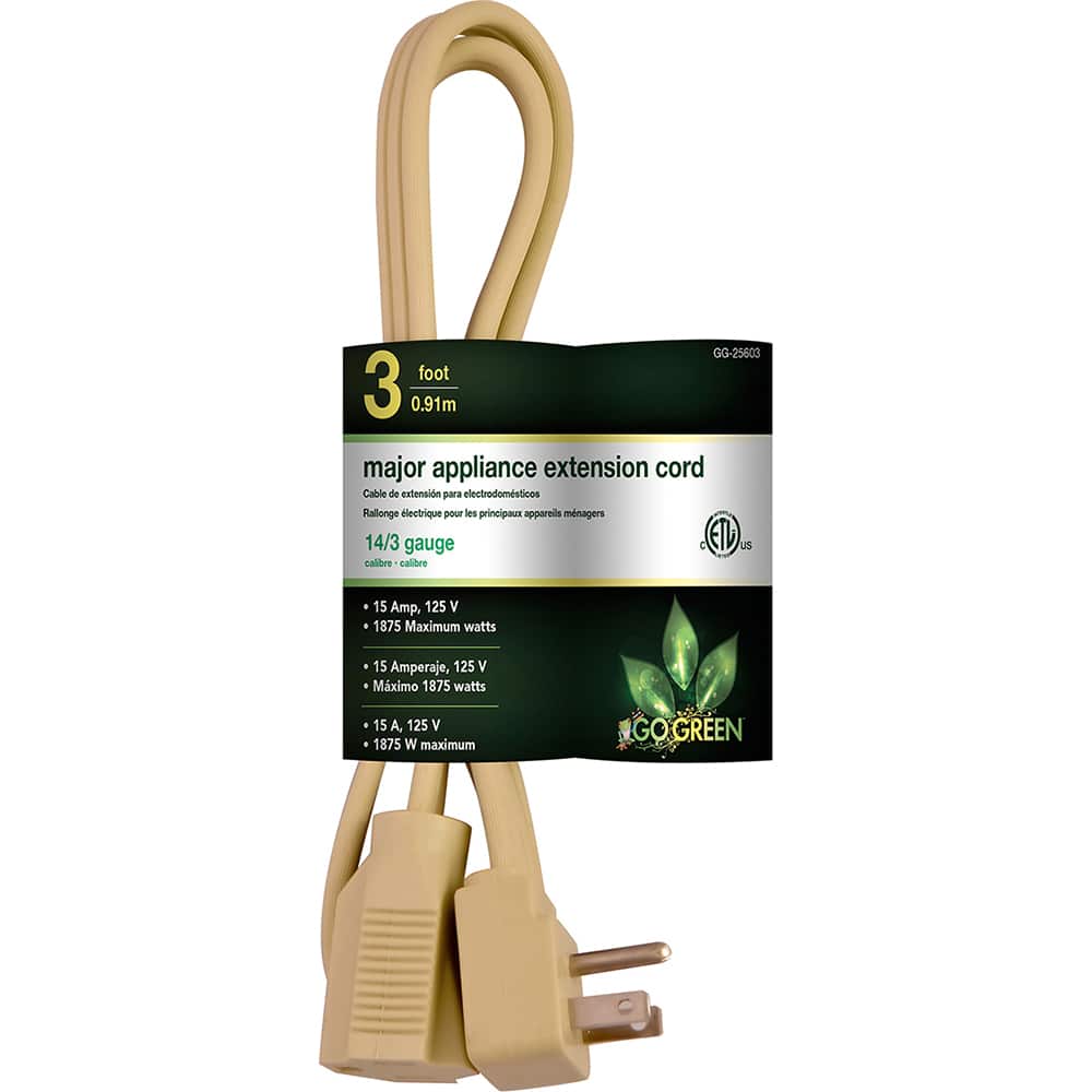 GoGreen Power - Power Cords; Cord Type: Replacement Cord ; Overall Length (Feet): 3 ; Cord Color: Brown ; Amperage: 15 ; Voltage: 125 ; Wire Gauge/Number of Conductors: 12/3 - Exact Tool & Supply