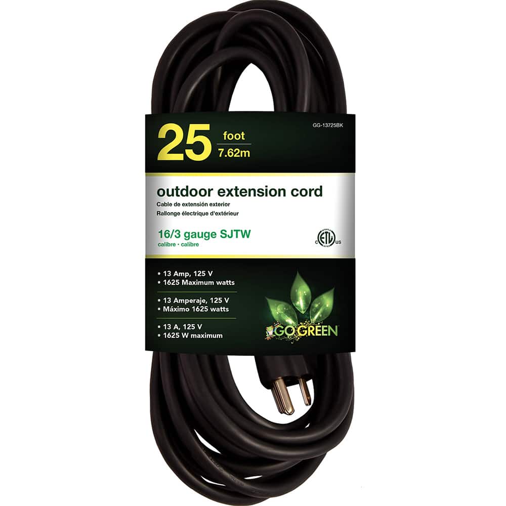 GoGreen Power - Power Cords; Cord Type: Extension Cord ; Overall Length (Feet): 25 ; Cord Color: Black ; Amperage: 13 ; Voltage: 125 ; Wire Gauge/Number of Conductors: 16/3 - Exact Tool & Supply