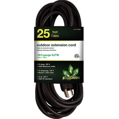 GoGreen Power - Power Cords; Cord Type: Extension Cord ; Overall Length (Feet): 25 ; Cord Color: Black ; Amperage: 13 ; Voltage: 125 ; Wire Gauge/Number of Conductors: 16/3 - Exact Tool & Supply