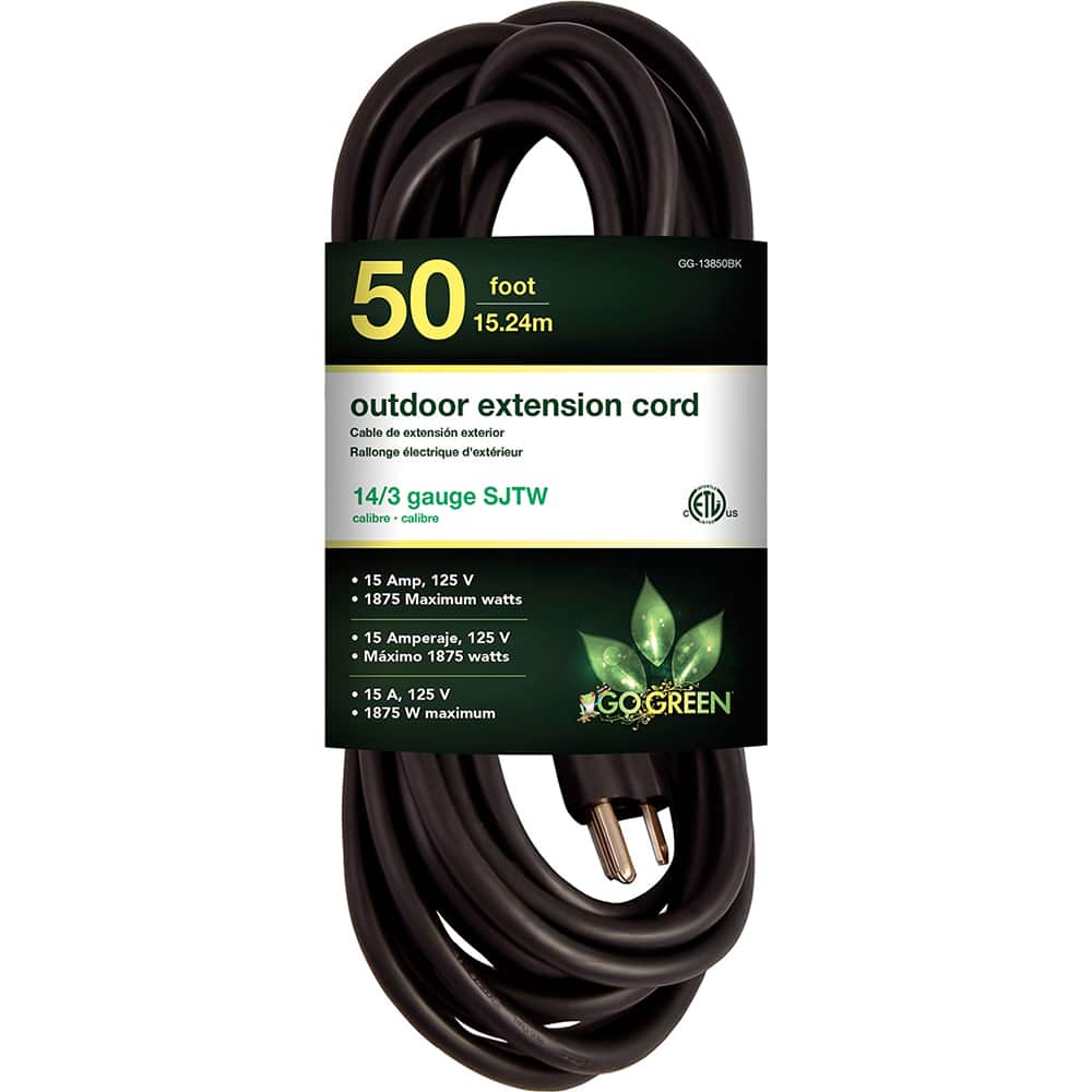 GoGreen Power - Power Cords; Cord Type: Extension Cord ; Overall Length (Feet): 50 ; Cord Color: Black ; Amperage: 15 ; Voltage: 125 ; Wire Gauge/Number of Conductors: 14/3 - Exact Tool & Supply