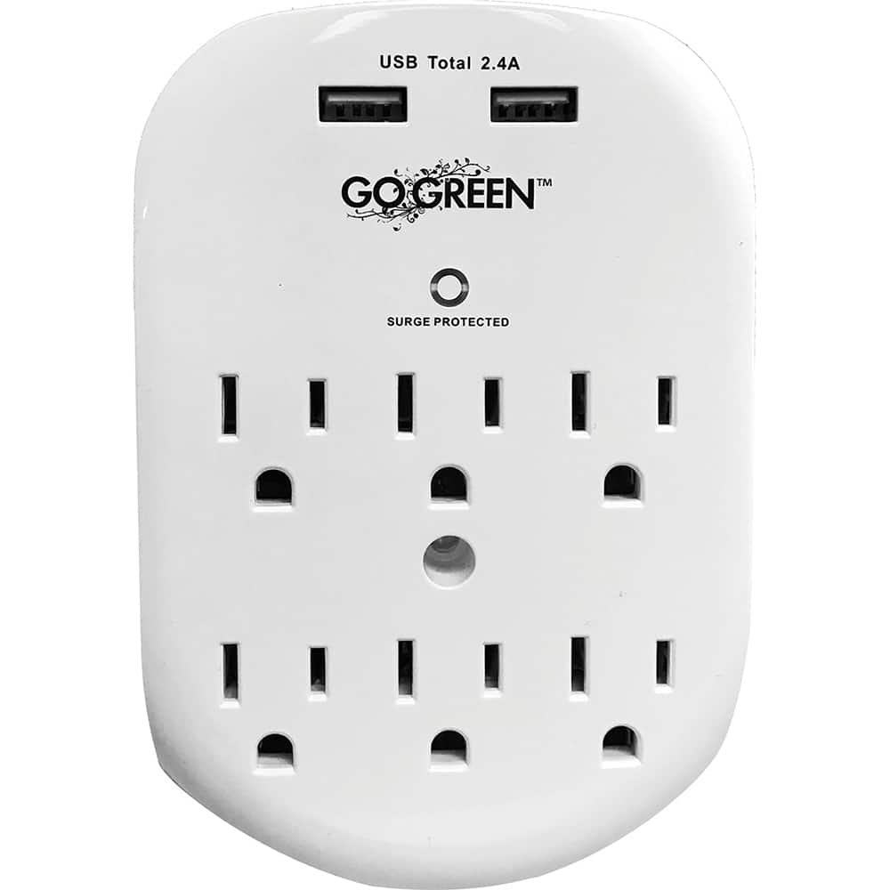 GoGreen Power - Electrical Outlet Adapters; Adapter Type: Wall Tap ; Amperage: 15 ; Voltage: 125 ; Number of Outlets: 6 ; Adapter Color: White ; NEMA Configuration: Non Nema - Exact Tool & Supply