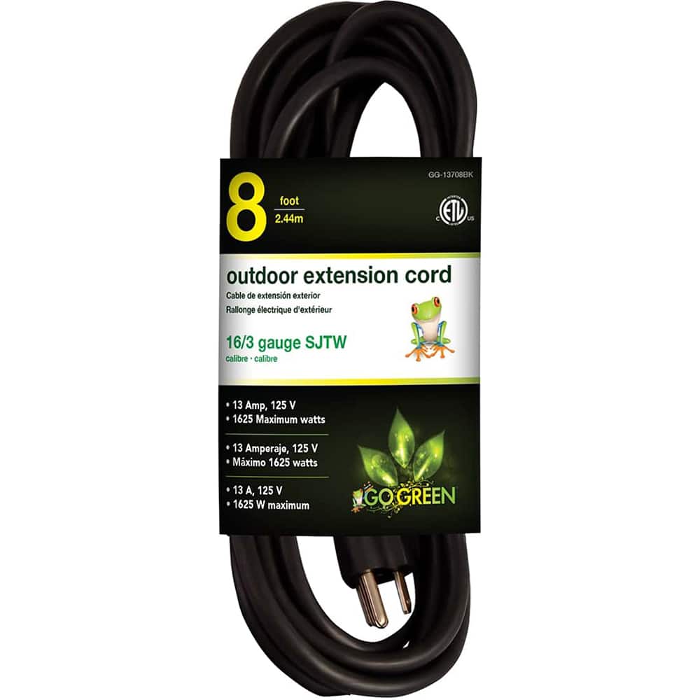 GoGreen Power - Power Cords; Cord Type: Extension Cord ; Overall Length (Feet): 8 ; Cord Color: Black ; Amperage: 13 ; Voltage: 125 ; Wire Gauge/Number of Conductors: 16/3 - Exact Tool & Supply