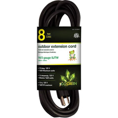 GoGreen Power - Power Cords; Cord Type: Extension Cord ; Overall Length (Feet): 8 ; Cord Color: Black ; Amperage: 13 ; Voltage: 125 ; Wire Gauge/Number of Conductors: 16/3 - Exact Tool & Supply