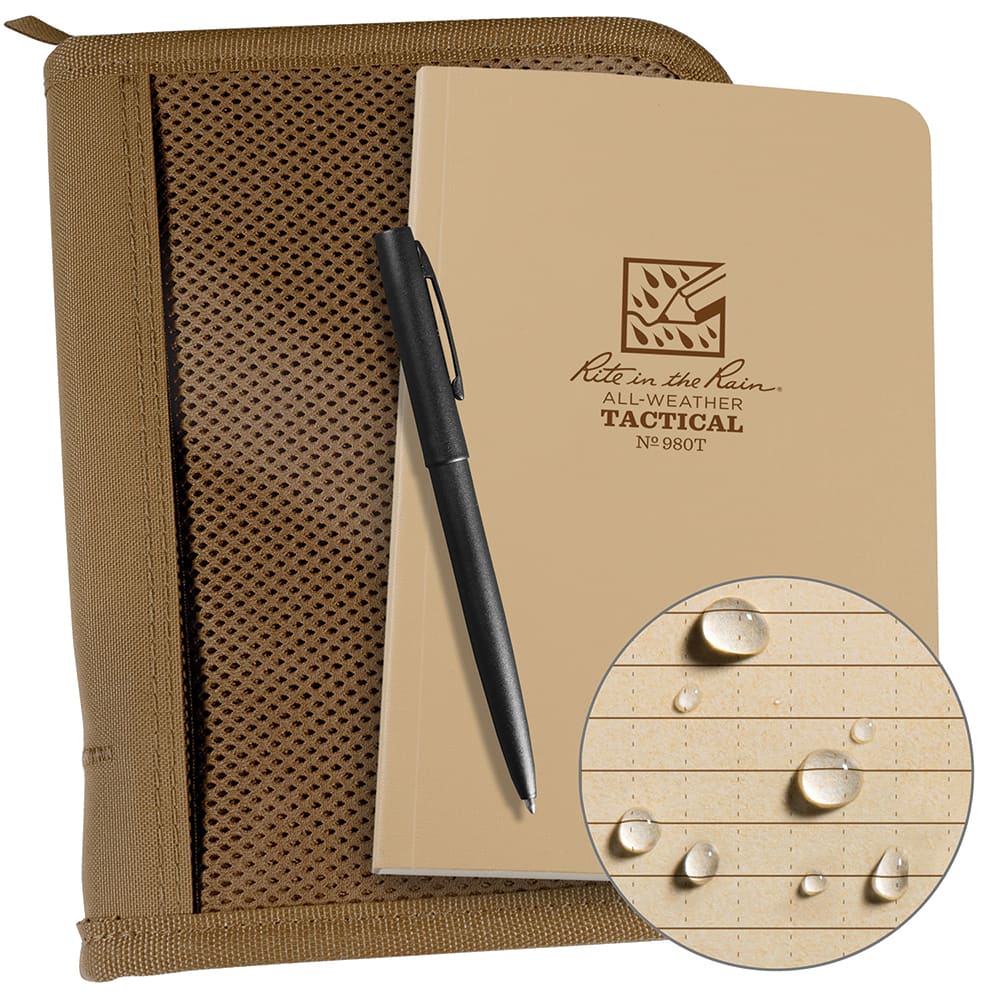 Rite in the Rain - Note Pads, Writing Pads & Notebooks; Writing Pads & Notebook Type: Tactical Notebook ; Size: 5" x 7" ; Number of Sheets: 80 ; Color: Coyote ; Includes: Pen, Tactical Field Book, Book Cover - Exact Tool & Supply