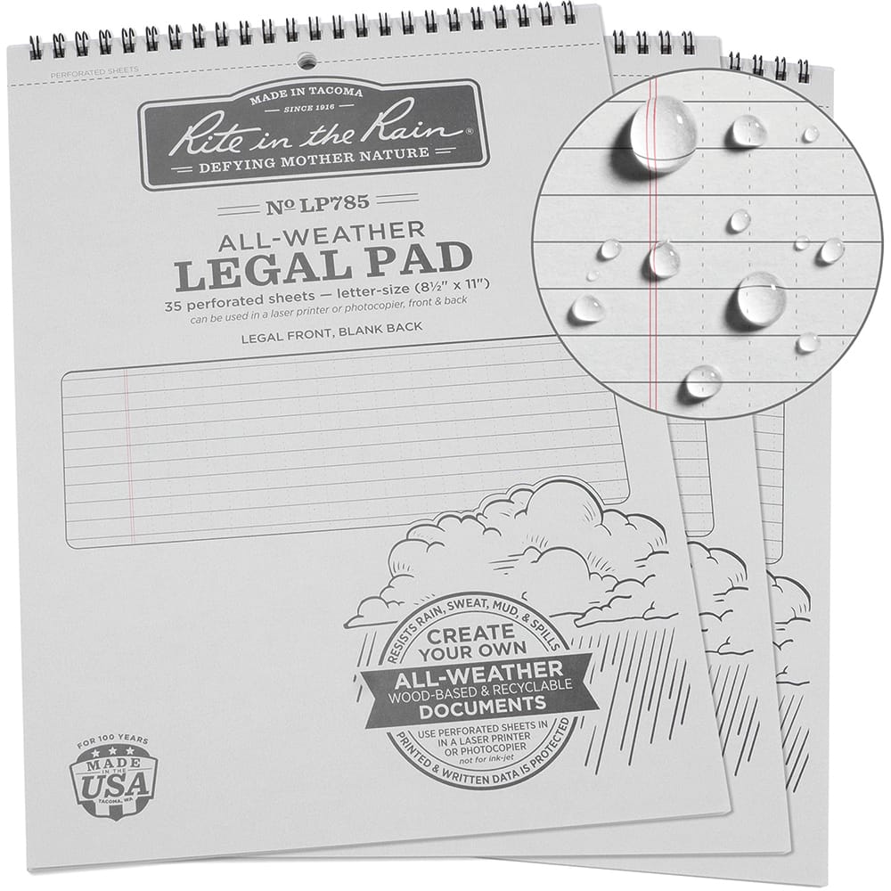 Rite in the Rain - Note Pads, Writing Pads & Notebooks; Writing Pads & Notebook Type: Legal Pad ; Size: 8-1/2 x 11" ; Number of Sheets: 35 ; Color: Gray ; Additional Information: Weatherproof - Exact Tool & Supply