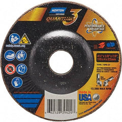 Norton - 24 Grit, 4-1/2" Wheel Diam, 1/8" Wheel Thickness, 7/8" Arbor Hole, Type 27 Depressed Center Wheel - Coarse Grade, Ceramic, Resinoid Bond, 13,580 Max RPM - Exact Tool & Supply