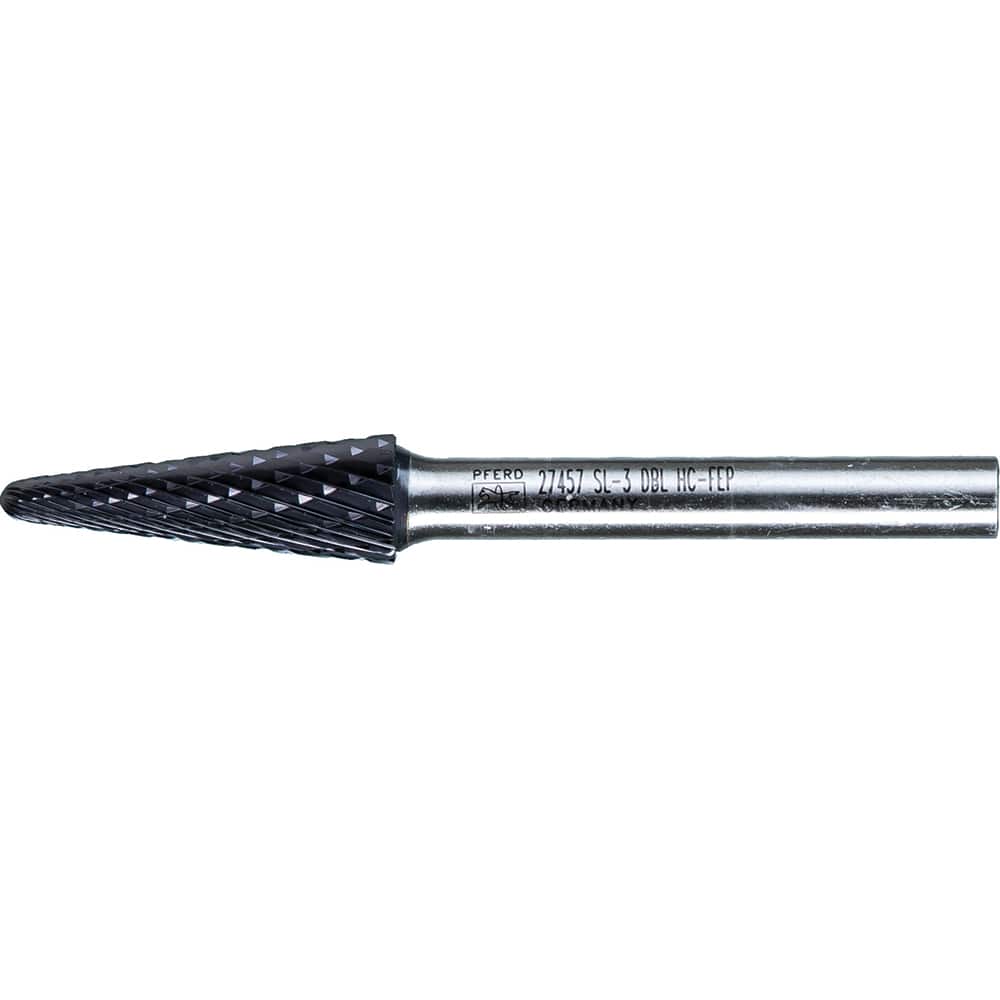 PFERD - SL-3, 3/8" Cut Diam, 1/4" Shank Diam, Carbide Double Cut Taper with Radius End Burr - Exact Tool & Supply