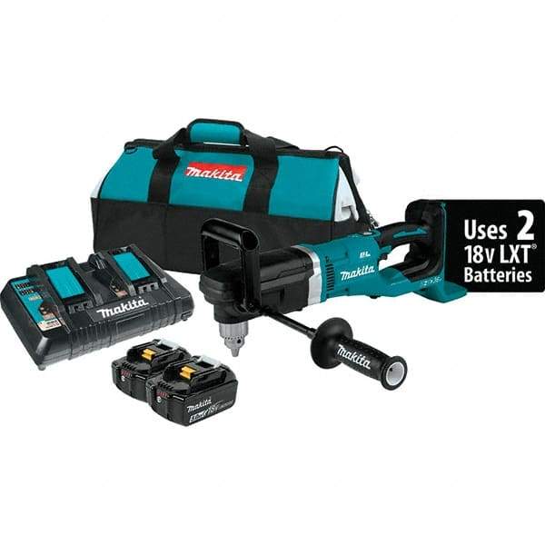 Makita - 36 Volt 1/2" Chuck Right Angle Handle Cordless Drill - 0-1400 RPM, Reversible, 2 Lithium-Ion Batteries Included - Exact Tool & Supply