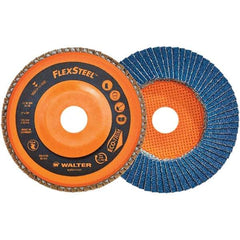 WALTER Surface Technologies - 40 Grit, 7" Disc Diam, 7/8" Center Hole, Type 27 Zirconia Alumina Flap Disc - 8,600 Max RPM, Poly Cotton Backing, Threaded Hole Attaching System, Coated - Exact Tool & Supply