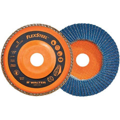 WALTER Surface Technologies - 120 Grit, 6" Disc Diam, 7/8" Center Hole, Type 27 Zirconia Alumina Flap Disc - 10,200 Max RPM, Poly Cotton Backing, Threaded Hole Attaching System, Coated - Exact Tool & Supply