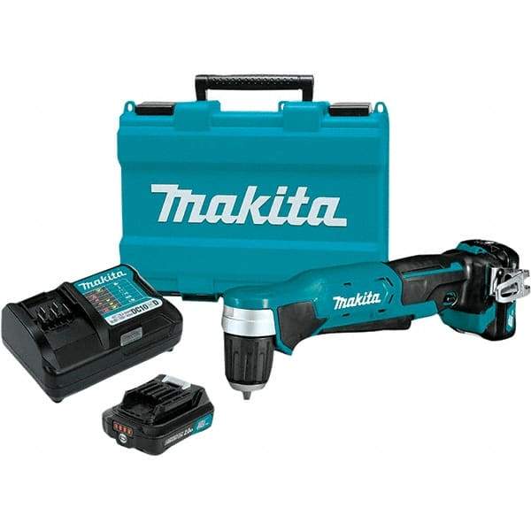 Makita - 12 Volt 3/8" Chuck Right Angle Handle Cordless Drill - 0-1100 RPM, Keyless Chuck, Reversible, 2 Lithium-Ion Batteries Included - Exact Tool & Supply
