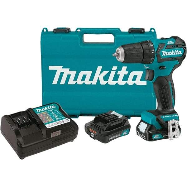 Makita - 12 Volt 3/8" Chuck Pistol Grip Handle Cordless Drill - 0-1500 RPM, Keyless Chuck, Reversible, 2 Lithium-Ion Batteries Included - Exact Tool & Supply