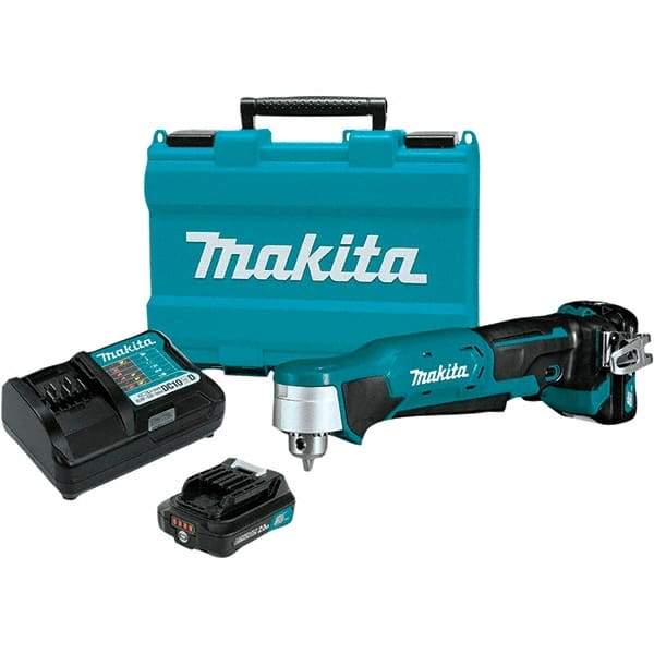 Makita - 12 Volt 3/8" Chuck Right Angle Handle Cordless Drill - 0-1100 RPM, Keyless Chuck, Reversible, 2 Lithium-Ion Batteries Included - Exact Tool & Supply