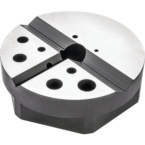 ‎119 Bench Block, 4-7/8″ Diameter × 1-1/2″ High with Ten Oversize Holes from 1/8-7/8″ Diameter and Two V-Grooves at Right Angles - Exact Tool & Supply