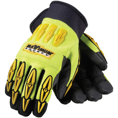 ‎120-4000/XL All Purp Work Gloves - Mad Max - HV Yellow - Black Reinforced Synthetic Leather Palm - Exact Tool & Supply