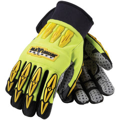 ‎120-4050/L All Purp Work Gloves - Mad Max II - HV Yellow - Gry. Dotted Synthetic Leather Palm - Exact Tool & Supply