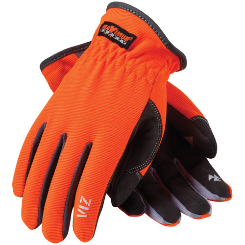 ‎120-4600/XXL All Purp Work Gloves - VIZ - HV Orange Back - Black Synthetic Leather Palm - Slipon Cuff - Exact Tool & Supply