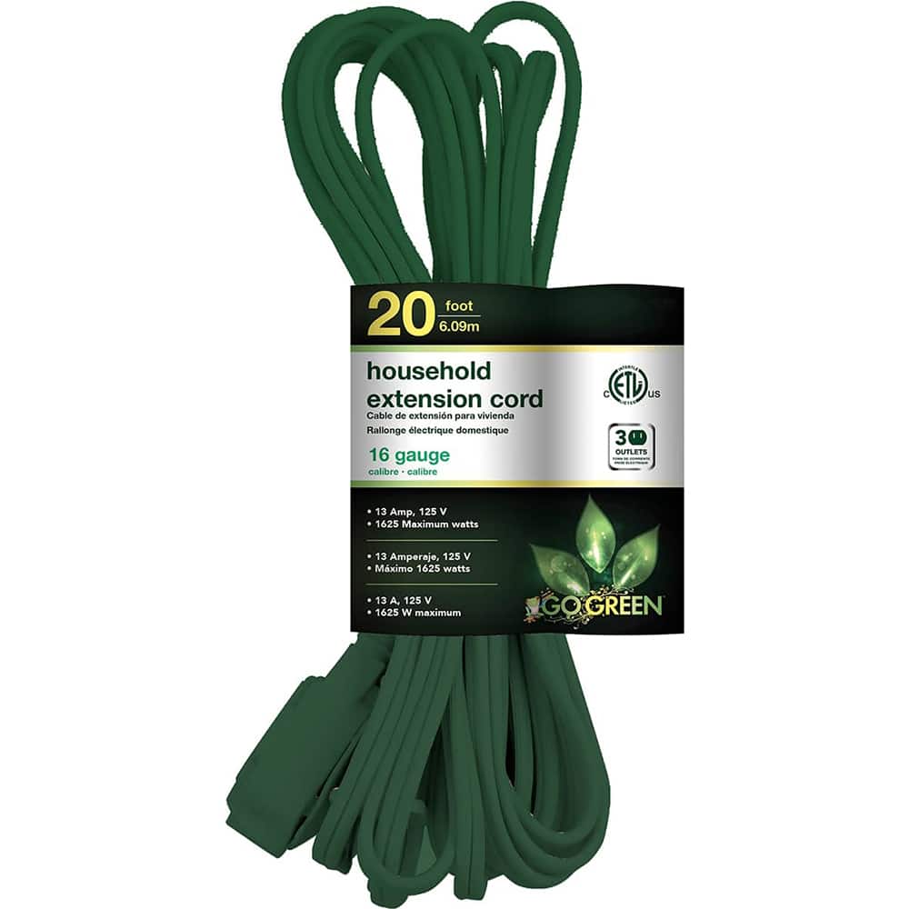 GoGreen Power - Power Cords; Cord Type: Extension Cord ; Overall Length (Feet): 20 ; Cord Color: Green ; Amperage: 13 ; Voltage: 125 ; Wire Gauge/Number of Conductors: 16/2 - Exact Tool & Supply