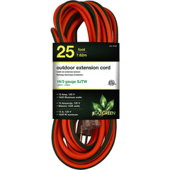 GoGreen Power - Power Cords; Cord Type: Extension Cord ; Overall Length (Feet): 25 ; Cord Color: Orange ; Amperage: 13 ; Voltage: 125 ; Wire Gauge/Number of Conductors: 16/3 - Exact Tool & Supply