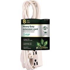 GoGreen Power - Power Cords; Cord Type: Extension Cord ; Overall Length (Feet): 8 ; Cord Color: White ; Amperage: 13 ; Voltage: 125 ; Wire Gauge/Number of Conductors: 16/3 - Exact Tool & Supply