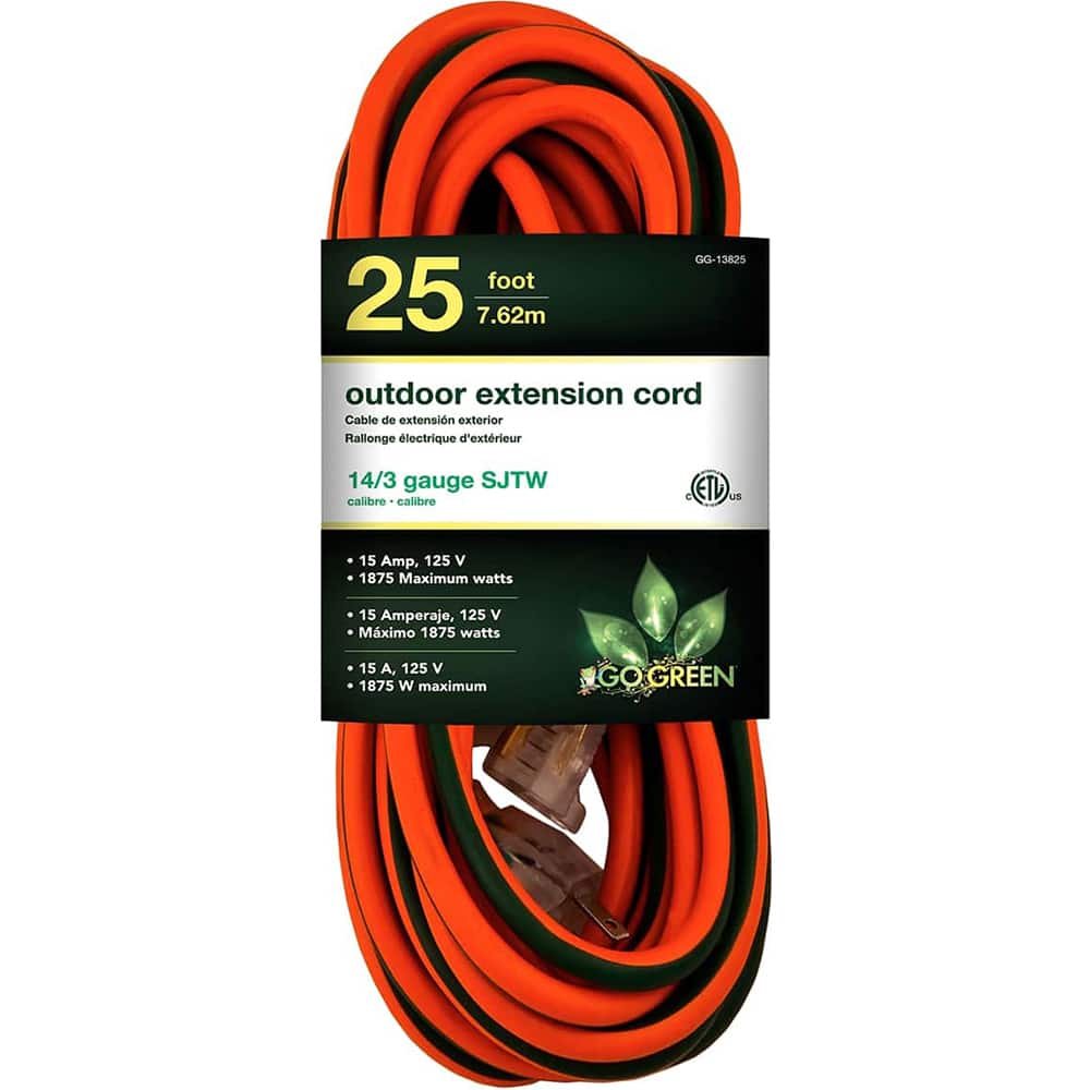 GoGreen Power - Power Cords; Cord Type: Extension Cord ; Overall Length (Feet): 25 ; Cord Color: Orange ; Amperage: 15 ; Voltage: 125 ; Wire Gauge/Number of Conductors: 14/3 - Exact Tool & Supply