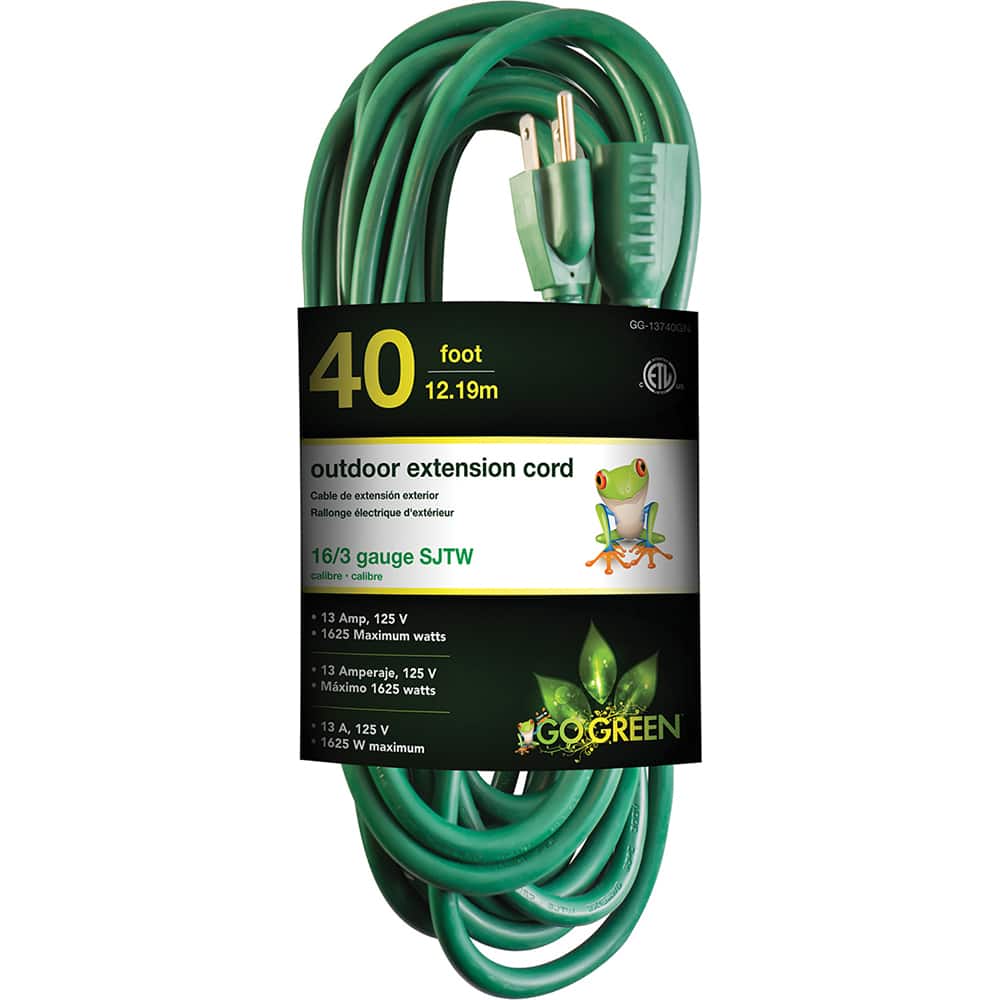 GoGreen Power - Power Cords; Cord Type: Extension Cord ; Overall Length (Feet): 40 ; Cord Color: Green ; Amperage: 15 ; Voltage: 125 ; Wire Gauge/Number of Conductors: 16/3 - Exact Tool & Supply