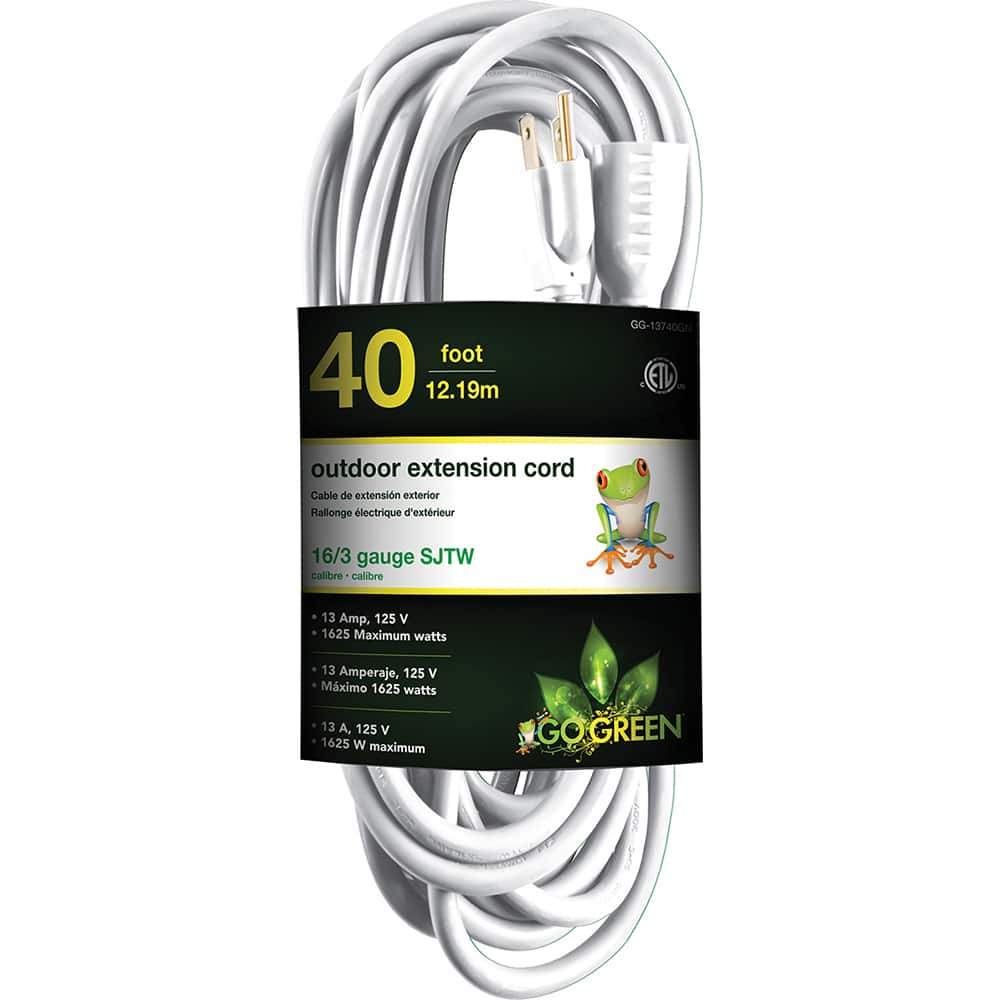GoGreen Power - Power Cords; Cord Type: Extension Cord ; Overall Length (Feet): 40 ; Cord Color: White ; Amperage: 15 ; Voltage: 125 ; Wire Gauge/Number of Conductors: 16/3 - Exact Tool & Supply