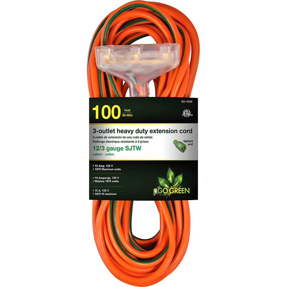 GoGreen Power - Power Cords; Cord Type: Extension Cord ; Overall Length (Feet): 100 ; Cord Color: Orange ; Amperage: 15 ; Voltage: 125 ; Wire Gauge/Number of Conductors: 12/3 - Exact Tool & Supply
