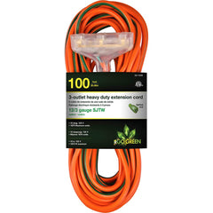 GoGreen Power - Power Cords; Cord Type: Extension Cord ; Overall Length (Feet): 100 ; Cord Color: Orange ; Amperage: 15 ; Voltage: 125 ; Wire Gauge/Number of Conductors: 12/3 - Exact Tool & Supply