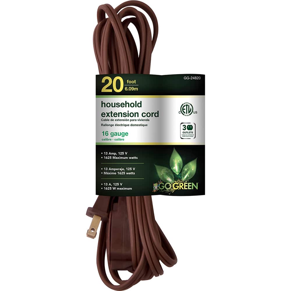 GoGreen Power - Power Cords; Cord Type: Replacement Cord ; Overall Length (Feet): 20 ; Cord Color: Brown ; Amperage: 13 ; Voltage: 125 ; Wire Gauge/Number of Conductors: 16/2 - Exact Tool & Supply
