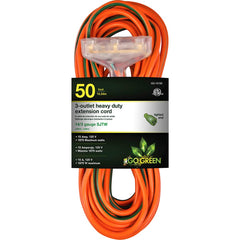 GoGreen Power - Power Cords; Cord Type: Extension Cord ; Overall Length (Feet): 50 ; Cord Color: Orange ; Amperage: 15 ; Voltage: 125 ; Wire Gauge/Number of Conductors: 14/3 - Exact Tool & Supply