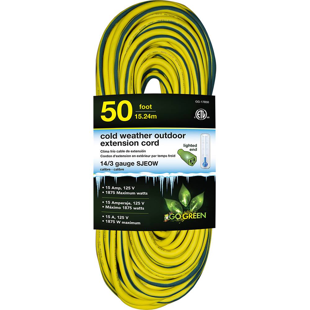 GoGreen Power - Power Cords; Cord Type: Extension Cord ; Overall Length (Feet): 50 ; Cord Color: Yellow ; Amperage: 10 ; Voltage: 125 ; Wire Gauge/Number of Conductors: 14/3 - Exact Tool & Supply