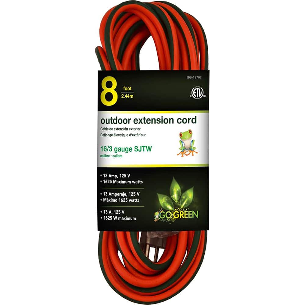 GoGreen Power - Power Cords; Cord Type: Extension Cord ; Overall Length (Feet): 8 ; Cord Color: Orange ; Amperage: 13 ; Voltage: 125 ; Wire Gauge/Number of Conductors: 16/3 - Exact Tool & Supply