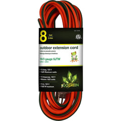 GoGreen Power - Power Cords; Cord Type: Extension Cord ; Overall Length (Feet): 8 ; Cord Color: Orange ; Amperage: 13 ; Voltage: 125 ; Wire Gauge/Number of Conductors: 16/3 - Exact Tool & Supply