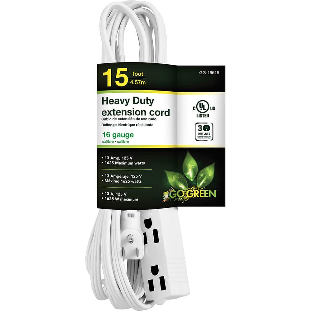 GoGreen Power - Power Cords; Cord Type: Extension Cord ; Overall Length (Feet): 15 ; Cord Color: White ; Amperage: 13 ; Voltage: 125 ; Wire Gauge/Number of Conductors: 16/3 - Exact Tool & Supply