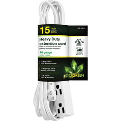 GoGreen Power - Power Cords; Cord Type: Extension Cord ; Overall Length (Feet): 15 ; Cord Color: White ; Amperage: 13 ; Voltage: 125 ; Wire Gauge/Number of Conductors: 16/3 - Exact Tool & Supply