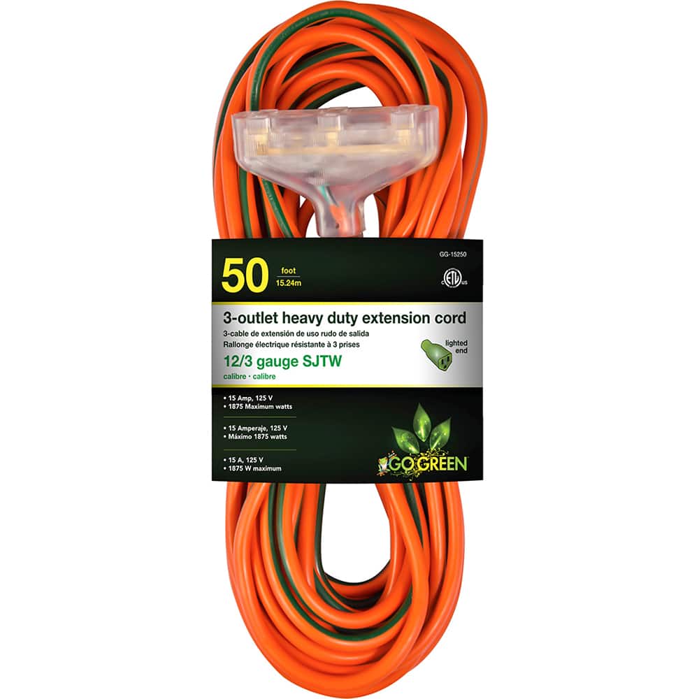 GoGreen Power - Power Cords; Cord Type: Extension Cord ; Overall Length (Feet): 20 ; Cord Color: Orange ; Amperage: 15 ; Voltage: 125 ; Wire Gauge/Number of Conductors: 12/3 - Exact Tool & Supply