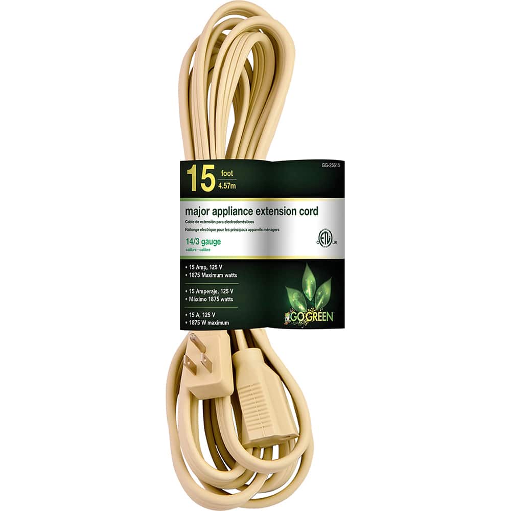 GoGreen Power - Power Cords; Cord Type: Replacement Cord ; Overall Length (Feet): 15 ; Cord Color: Brown ; Amperage: 15 ; Voltage: 125 ; Wire Gauge/Number of Conductors: 16/2 - Exact Tool & Supply