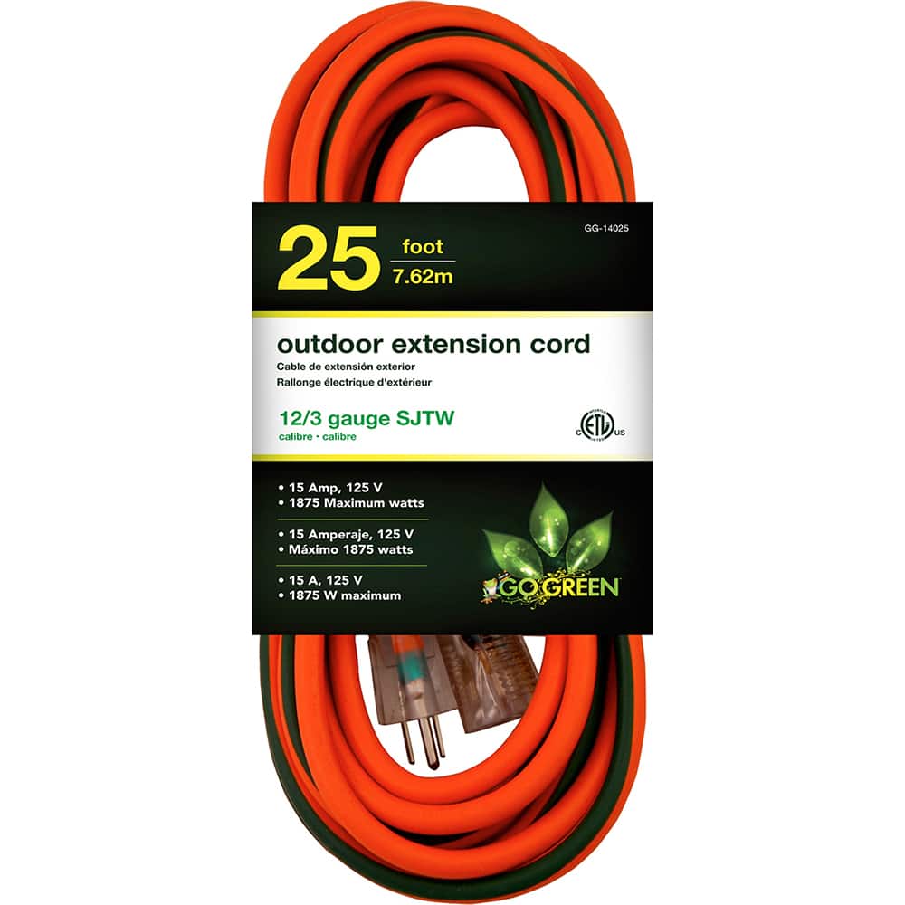 GoGreen Power - Power Cords; Cord Type: Extension Cord ; Overall Length (Feet): 25 ; Cord Color: Black ; Amperage: 15 ; Voltage: 125 ; Wire Gauge/Number of Conductors: 12/3 - Exact Tool & Supply
