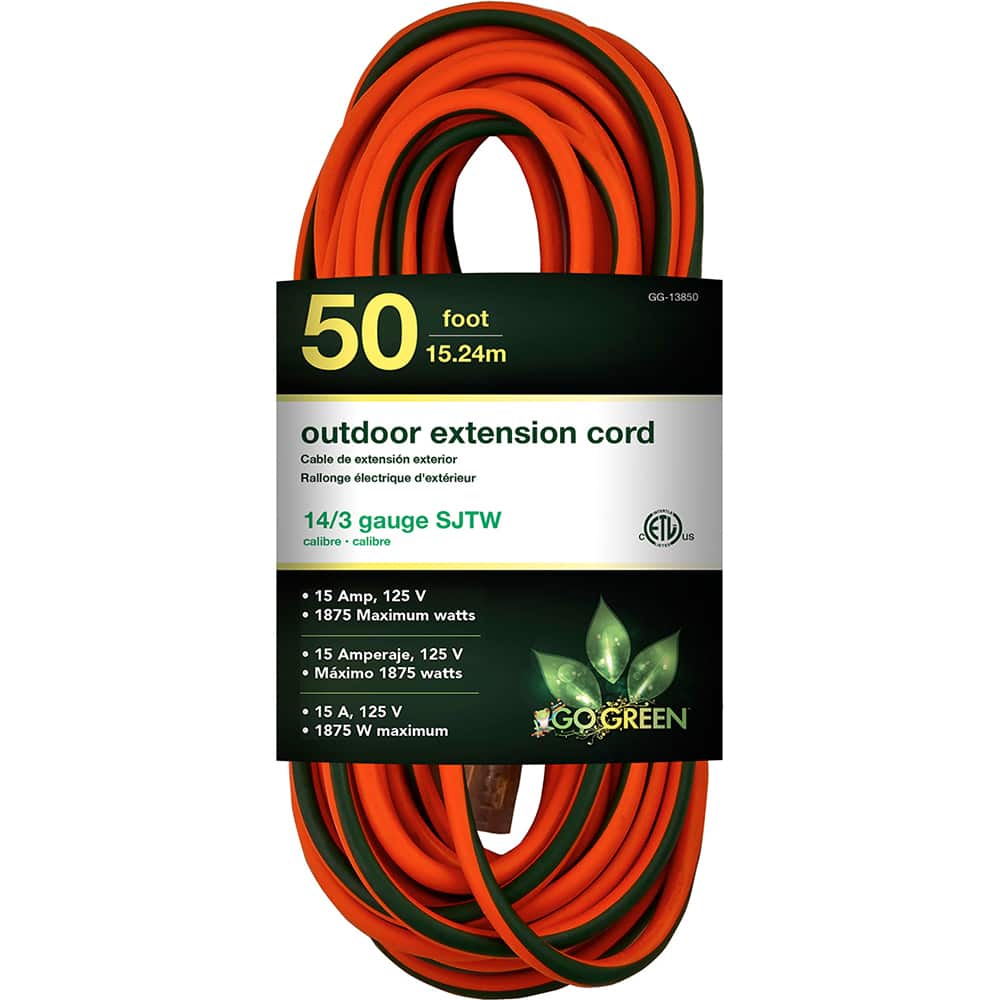 GoGreen Power - Power Cords; Cord Type: Extension Cord ; Overall Length (Feet): 50 ; Cord Color: Orange ; Amperage: 15 ; Voltage: 125 ; Wire Gauge/Number of Conductors: 14/3 - Exact Tool & Supply