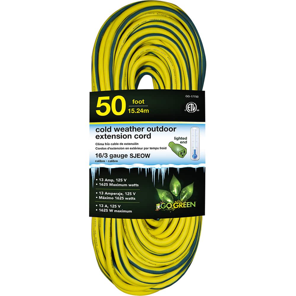 GoGreen Power - Power Cords; Cord Type: Extension Cord ; Overall Length (Feet): 50 ; Cord Color: Yellow ; Amperage: 13 ; Voltage: 125 ; Wire Gauge/Number of Conductors: 16/3 - Exact Tool & Supply