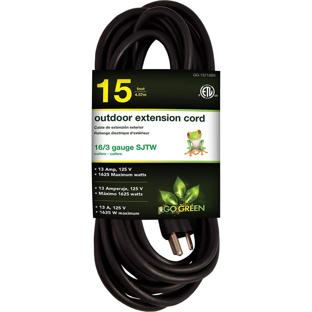 GoGreen Power - Power Cords; Cord Type: Extension Cord ; Overall Length (Feet): 15 ; Cord Color: Black ; Amperage: 13 ; Voltage: 125 ; Wire Gauge/Number of Conductors: 16/3 - Exact Tool & Supply