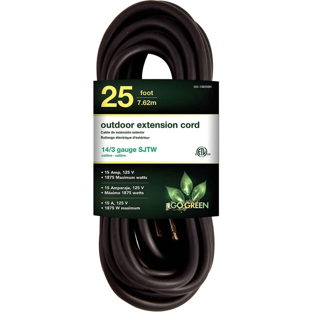 GoGreen Power - Power Cords; Cord Type: Extension Cord ; Overall Length (Feet): 25 ; Cord Color: Black ; Amperage: 15 ; Voltage: 125 ; Wire Gauge/Number of Conductors: 14/3 - Exact Tool & Supply