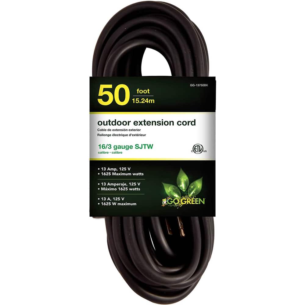 GoGreen Power - Power Cords; Cord Type: Extension Cord ; Overall Length (Feet): 50 ; Cord Color: Black ; Amperage: 13 ; Voltage: 125 ; Wire Gauge/Number of Conductors: 16/3 - Exact Tool & Supply