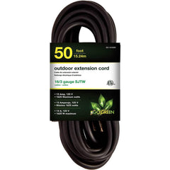 GoGreen Power - Power Cords; Cord Type: Extension Cord ; Overall Length (Feet): 50 ; Cord Color: Black ; Amperage: 13 ; Voltage: 125 ; Wire Gauge/Number of Conductors: 16/3 - Exact Tool & Supply