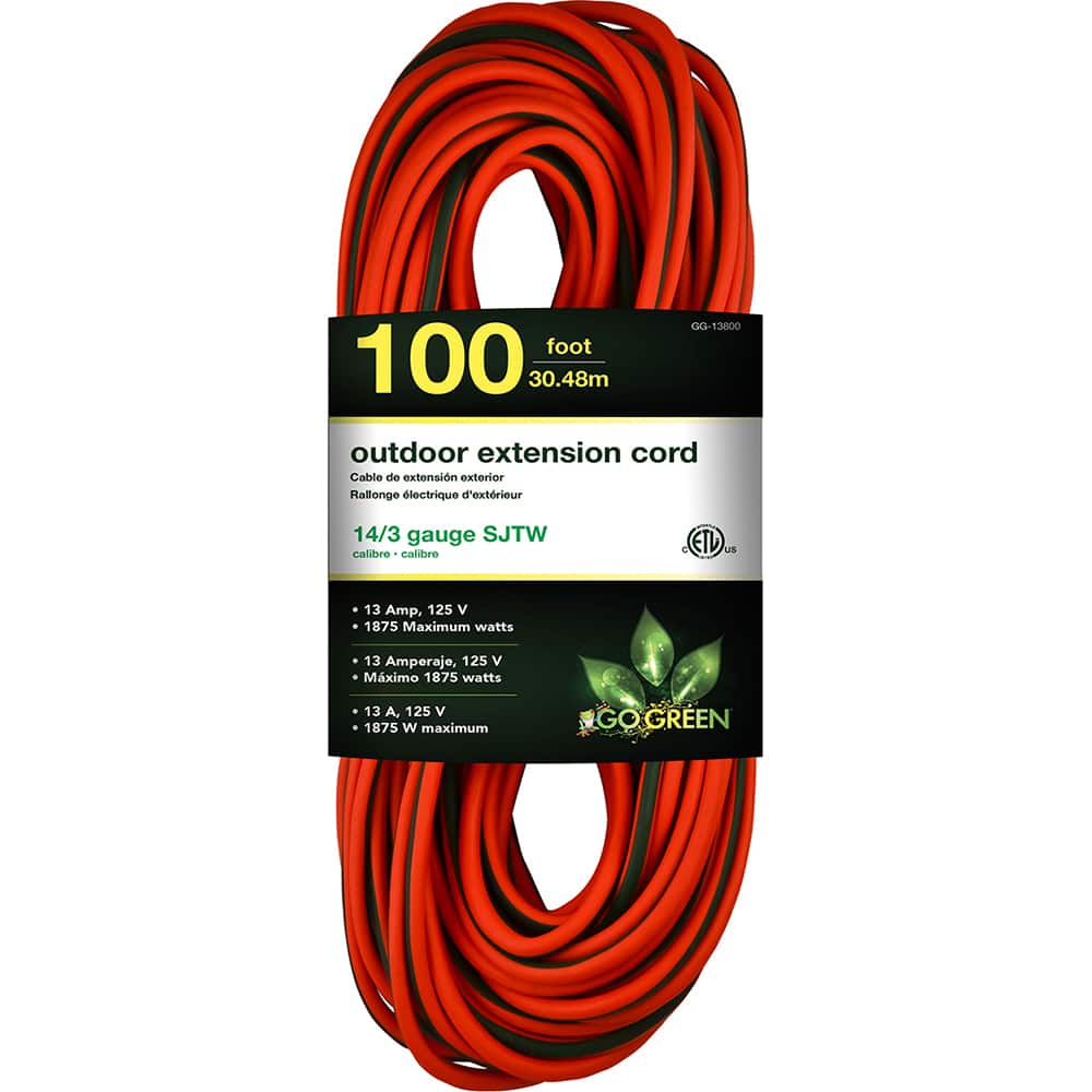 GoGreen Power - Power Cords; Cord Type: Extension Cord ; Overall Length (Feet): 100 ; Cord Color: Orange ; Amperage: 13 ; Voltage: 125 ; Wire Gauge/Number of Conductors: 14/3 - Exact Tool & Supply