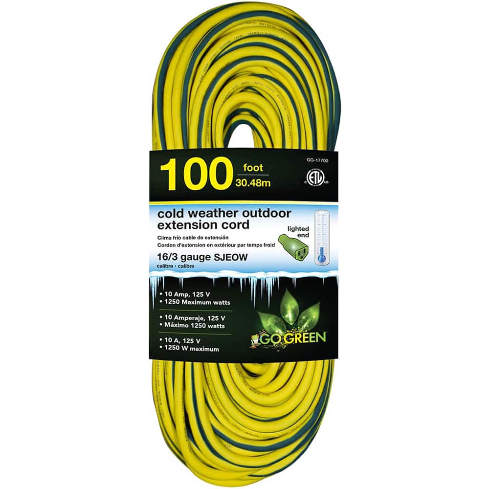 GoGreen Power - Power Cords; Cord Type: Extension Cord ; Overall Length (Feet): 100 ; Cord Color: Yellow ; Amperage: 13 ; Voltage: 125 ; Wire Gauge/Number of Conductors: 16/3 - Exact Tool & Supply