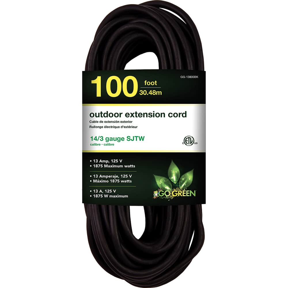 GoGreen Power - Power Cords; Cord Type: Extension Cord ; Overall Length (Feet): 100 ; Cord Color: Black ; Amperage: 13 ; Voltage: 125 ; Wire Gauge/Number of Conductors: 14/3 - Exact Tool & Supply